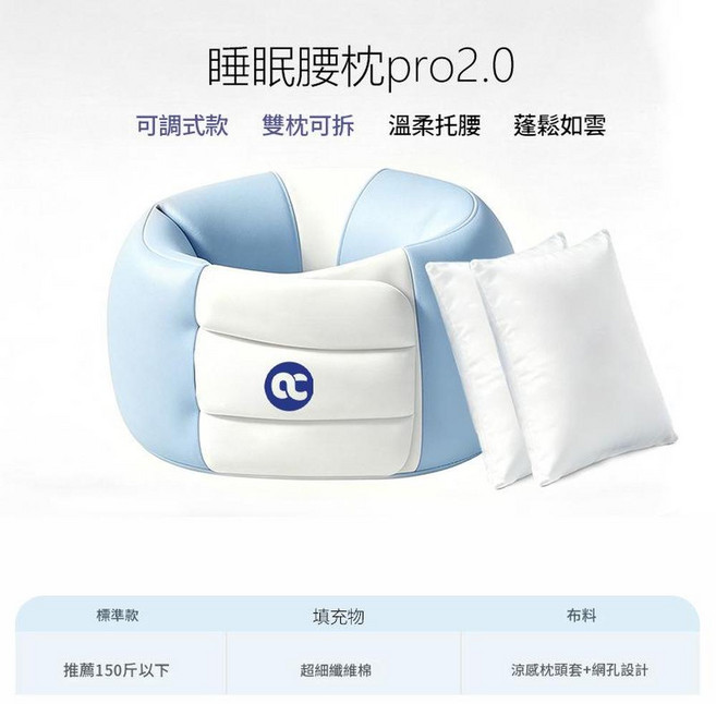 睡眠腰枕pro2.0 護腰枕 腰部支撐靠墊 辦公室久坐舒緩, 安心睡眠 柔軟舒適 藍白色 背部支撐可調節款 雙枕可拆 標準款