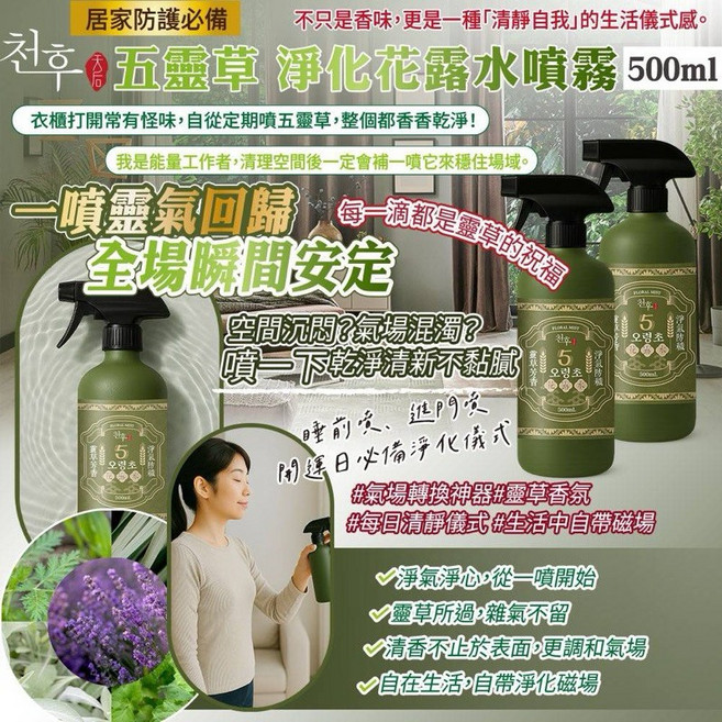 天后 五靈草淨化花露水噴霧 500ml 居家防護 淨化空間氣場 舒緩身心, 1個, 五靈地板清潔劑