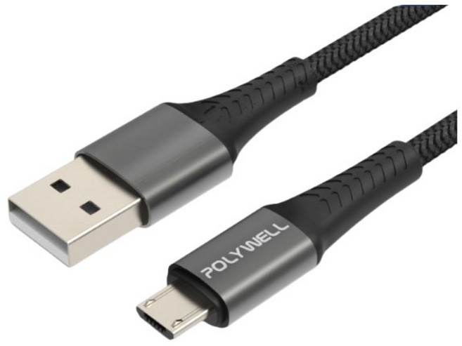 POLYWELL Micro-B 編織充電線 USB 2.0 傳輸線 1米 2米 安卓手機 藍牙耳機適用 加固耐用, 1個, 1m, 黑色