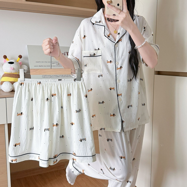 卡通圖案開衫翻領睡衣女套裝