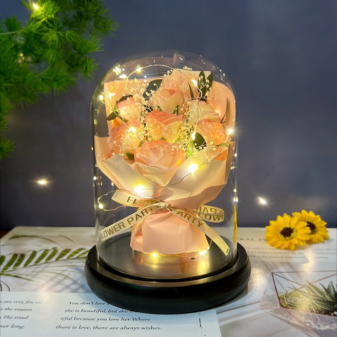 永生花玫瑰香皂花玻璃罩夜燈,情人節/母親節/畢業禮物, 7朵玫瑰_愛莎粉
