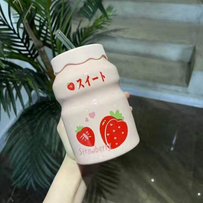可愛陶瓷帶蓋水杯 水蜜桃吸管杯, 小草莓 - 吸管, 1個