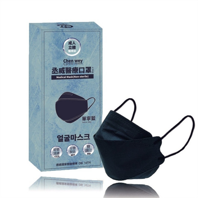 丞威 KF94 醫用口罩 成人 魚型 雙鋼印 四層保護 單片包裝, 1個, 單寧藍, 單寧藍