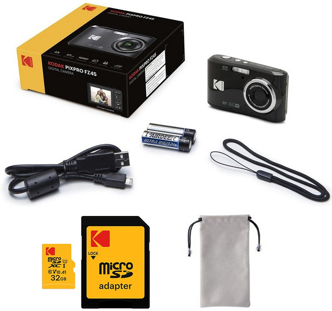 柯達 KODAK PIXPRO FZ45 16MP 數位相機 - AA電池 光學變焦 隨身相機 可印日期, 1個, 32g黑色收納套組