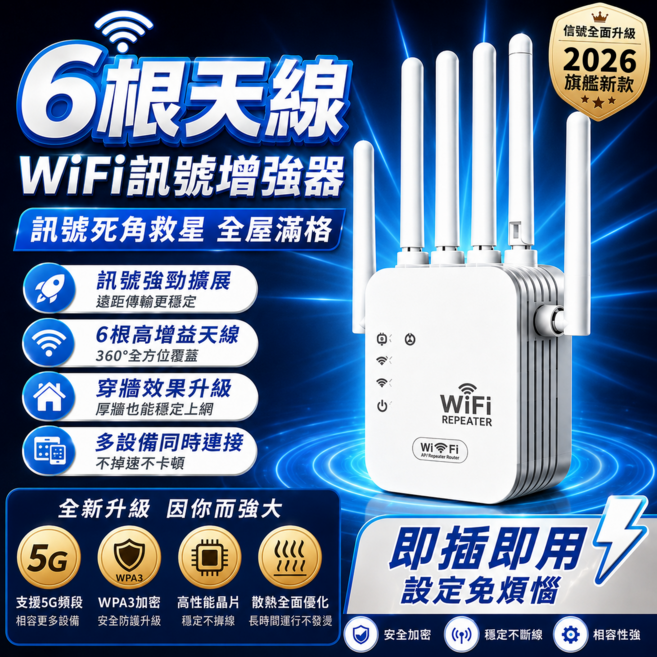 六天線放大器 家用路由器 網路擴大器 WIFI延伸器 訊號延伸器 網路擴增器 信號延伸器, 1個, 六天線-至尊穿墻王-進口機芯