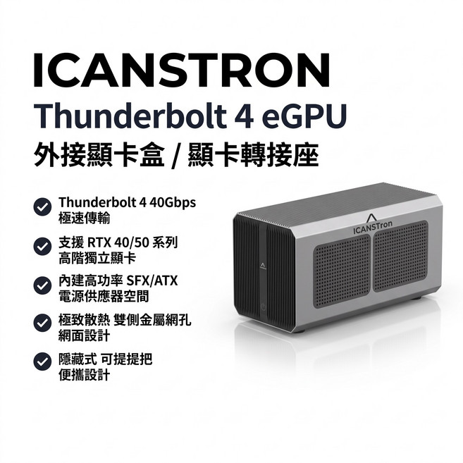 ICANSTron Thunderbolt 4 外接顯卡轉接盒 (eGPU) | 40Gbps 傳輸頻寬 | 整合式 Hub 擴充塢 | 原廠規格, 1個, ICANSTD001-G4PRO
