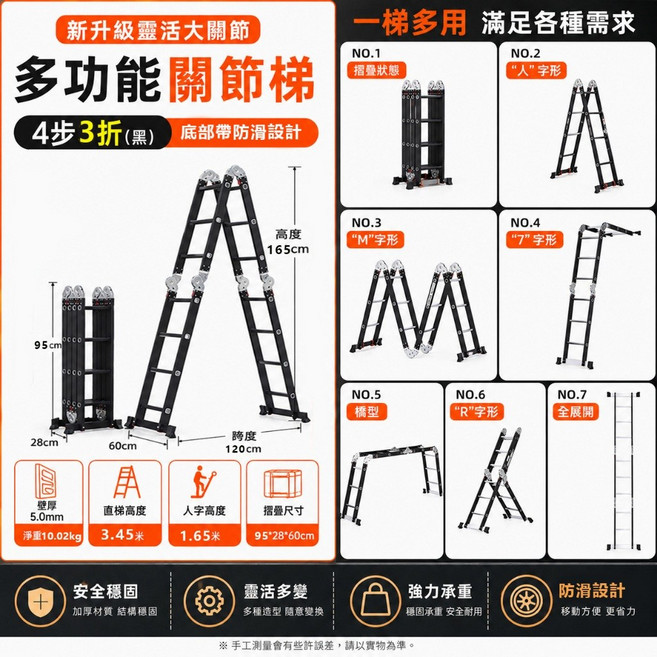 多功能關節梯 4步4折 升級款 伸縮梯 適用於工地/家用, 1個, 大關節加厚款【四折三步】直梯3.45m