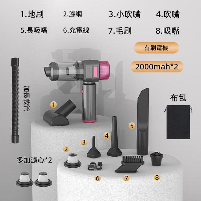 無線大吸力手持吸塵器 2000mah*2, ZY - 3103 - A - 有刷豪華款 - 灰色, 如圖
