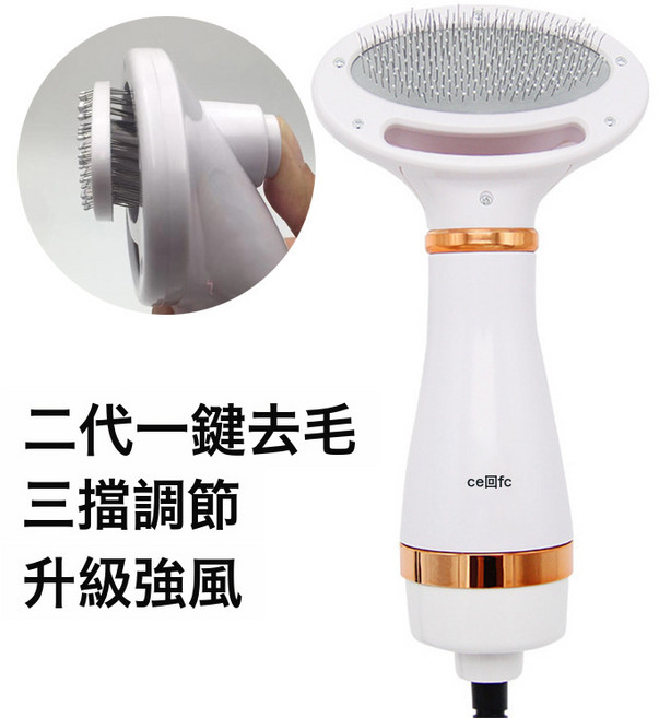 二合一寵物熱風梳狗狗貓咪吹風梳寵物電動美容梳電吹風一鍵除毛, 1個, 圓頭金色一鍵除毛:美規