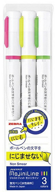 ZEBRA JUSTFIT MojiniLine水性3色螢光筆日本製造WKS22-3C畫重點筆記, 1個, 粉色、黃色、綠色