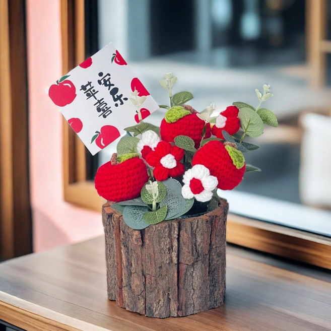 針織花朵 向日葵盆栽 毛線編織花 畢業花束 療癒小物, 1個, 成品 蘋安喜樂 木桶盆栽 ,帶禮袋款, 蘋安喜樂