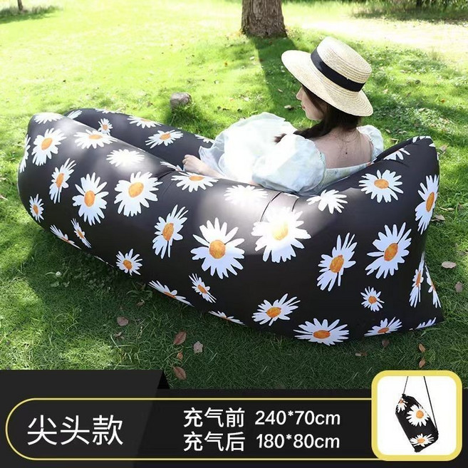 網紅戶外懶人充氣床 便攜式午休野營充氣沙髮枕頭款折疊床, 黑色菊花尖頭款, 菊花, 尖頭款