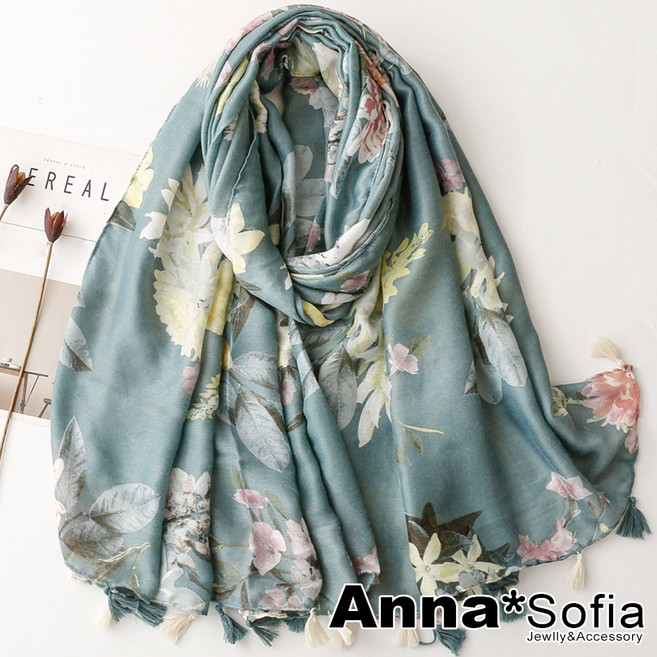 Anna*Sofia 柔美花卉棉麻感披肩圍巾 綠系流蘇裝飾