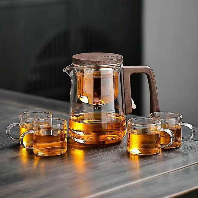 磁吸飄逸杯茶水分離沖茶器, 1個, 圓臺木紋飄逸杯550ml+4把杯