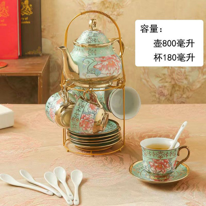 歐式復古陶瓷茶具咖啡杯組,英式下午茶花茶組,結婚禮品水杯, 綠(1壺6杯6碟6勺+架子)加大款, 1個