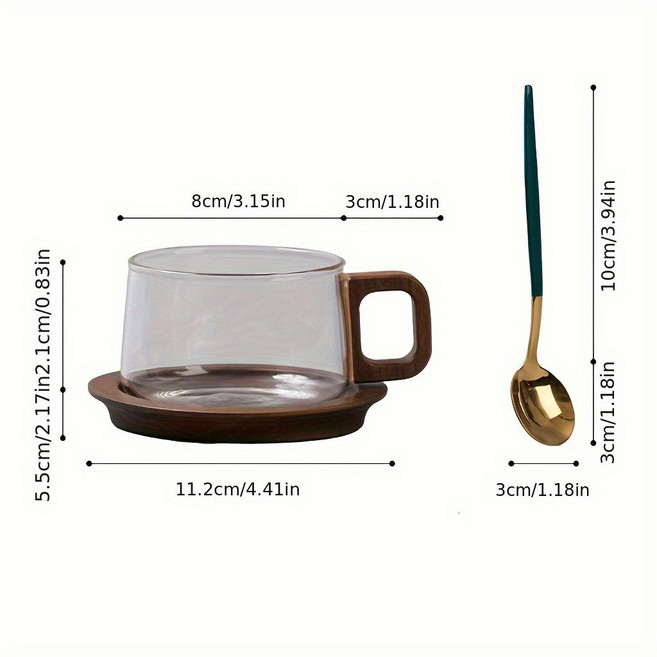 咖啡杯 玻璃杯組 附勺子 胡桃木杯墊, 透明, 1個