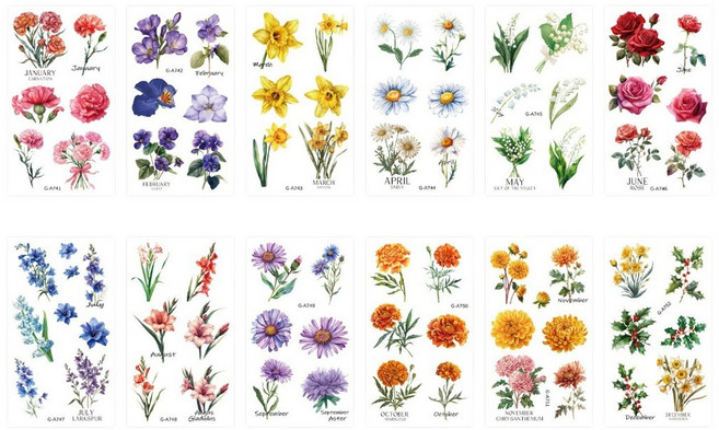WL-209水轉印貼/套︱月份花12張/套 G-A741~752 花朵水轉印 防水 轉印貼 水轉印紙︱麥手作, WL-209水轉印貼/套, 1套
