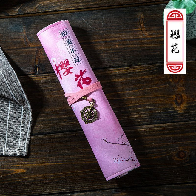 創意韓版捲筆袋 筆簾式簡約文具盒 鉛筆盒, 1個, 櫻花 簡約版,中國風 簡約版