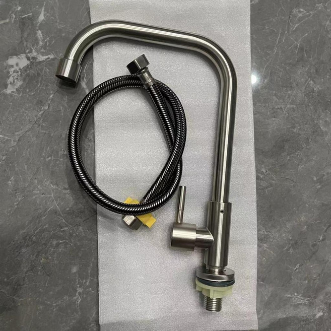 good 4不鏽鋼廚房萬向水槽水龍頭360度冷水旋轉單冷洗菜拉絲大彎龍頭, 1個, 單冷一字輪七字龍頭+60cm進水管