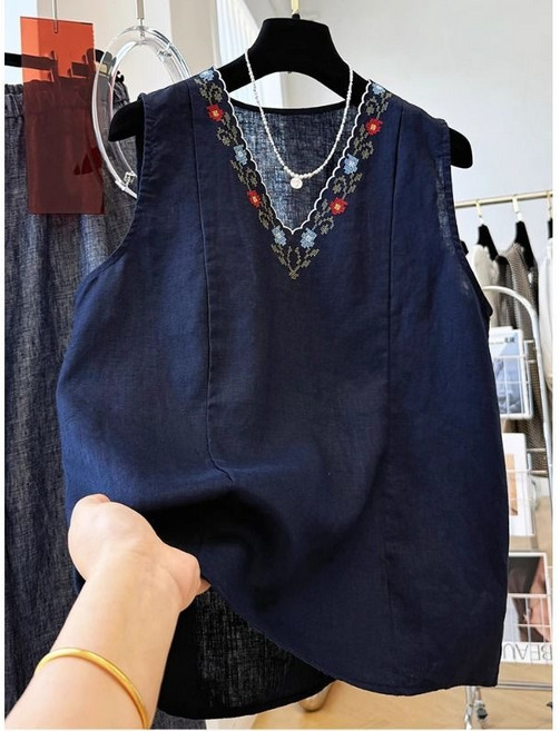 新中式復古重工刺繡國風無袖V領上衣女夏季薄款氣質外穿背心