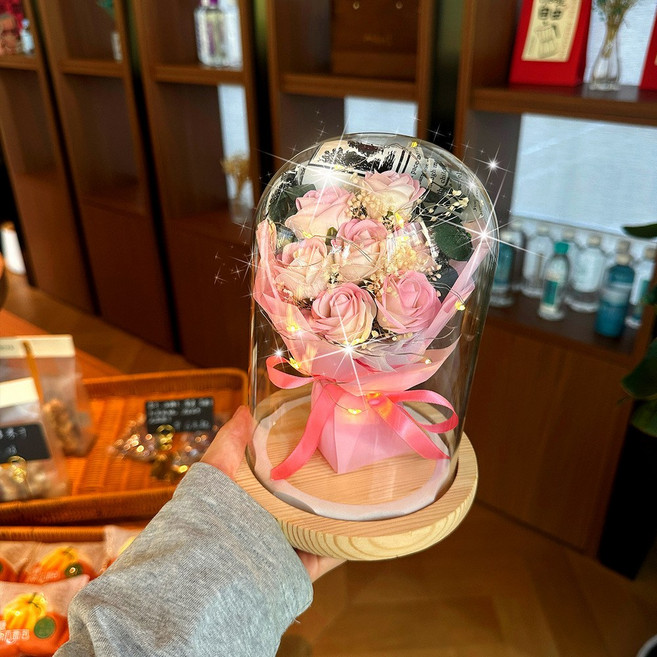 永生花夜燈禮盒, 大號 荔枝粉七朵花 1m暖白燈 木質底做 玻璃罩 粉色禮盒, 1件