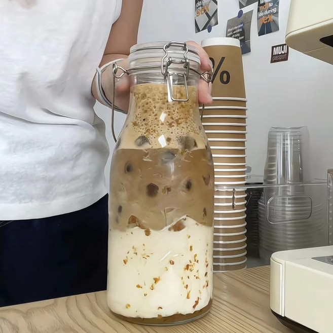 2000ml 密封玻璃瓶 手提大口徑牛奶瓶 寬口儲物罐, 1個, 1000ml, 單隻大口