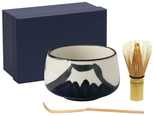 Aika 藍花 波佐見抹茶陶瓷碗 13.5x20x8.5cm + 茶筅 + 茶杓 3件組, 1個, 藍富士