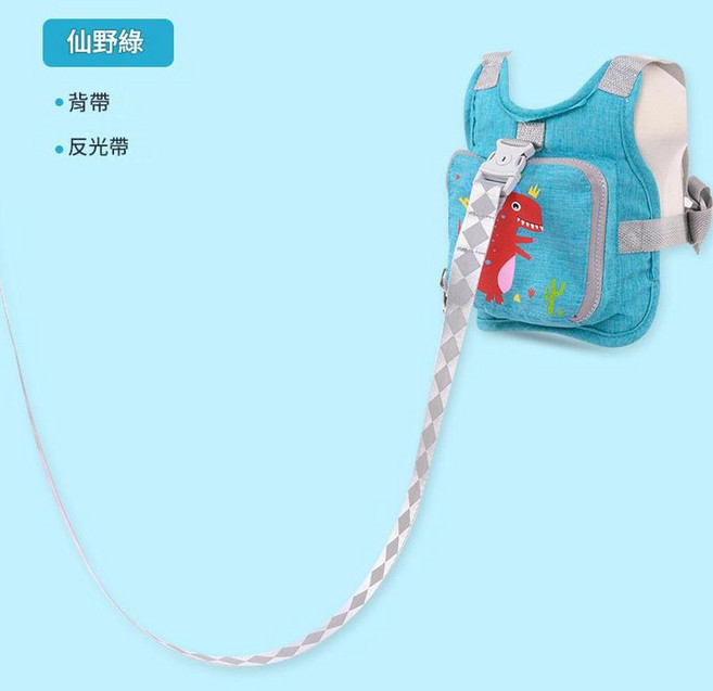 YZMY 兒童防走失背帶 安全牽引手環, 綠布紅恐龍反光帶, 1個