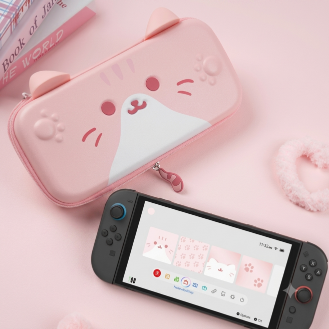 GEEKSHARE Nintendo Switch 貓耳造型收納包, 薄款- 粉色, 1個, NS2 收納包