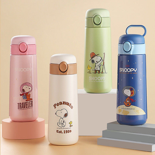 優貝選 史努比 SNOOPY 316不鏽鋼 直飲式 保冷/保溫 吸管式水壺 500ML, 米色, 1個