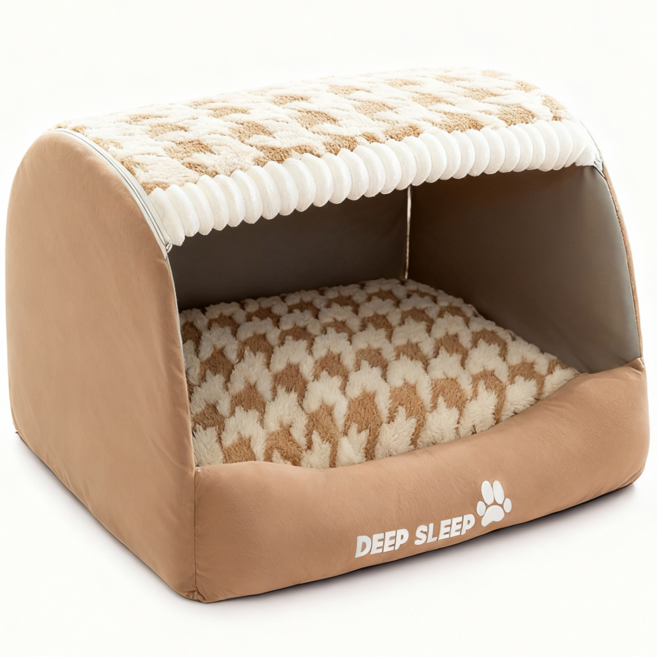 DEEP SLEEP 寵物屋型睡窩 舒適絨毛 保暖防滑 寵物床, 洛米棕千鳥格, 1個