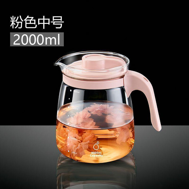 玻璃茶壺 大容量過濾泡茶壺 附蓋冷水壺, 1個, 粉色壺中號2000ml,1L以上, 粉色, 1L以上