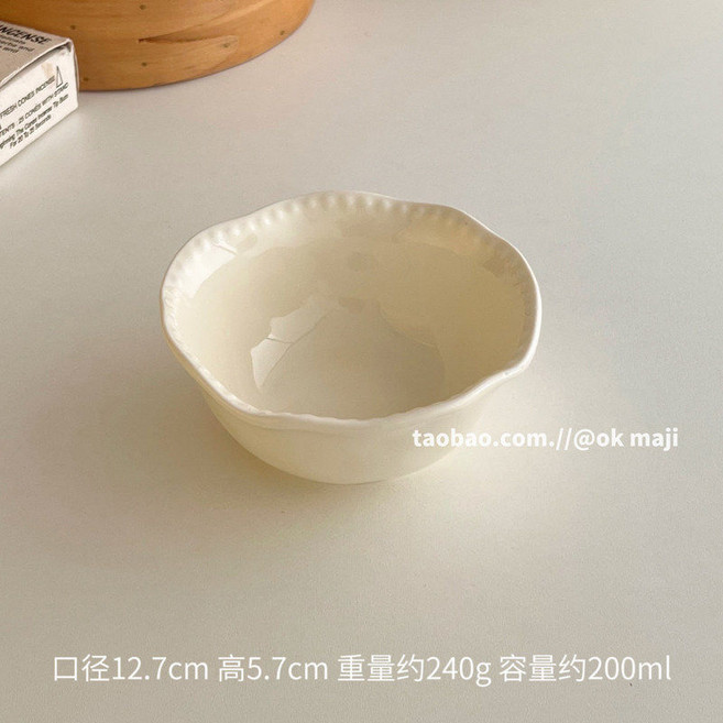 奶油風陶瓷菜盤, 5吋珠邊飯碗 - 奶油白, 1個