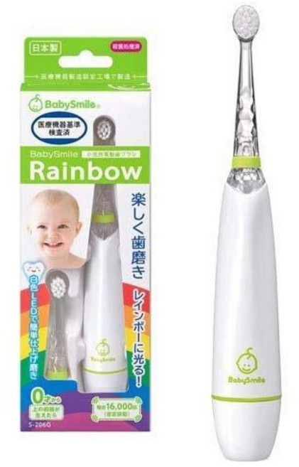 BabySmile Rainbow 兒童電動牙刷 炫彩變色LED燈 16000次/分音波振動, 1個, 電動牙刷-綠色