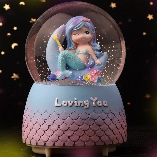 美人魚雪花水晶球音樂盒 飄雪水晶球 生日禮物 紀念品 創意禮品 耶誕禮品, 坐姿美人魚 B2款(內贈電池)JC321