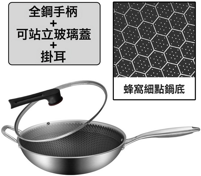 HYLSS 雙面蜂窩 炒菜鍋 廚房 炒菜, 1個, 單面屏鋼柄(帶玻璃蓋))36cm:如圖