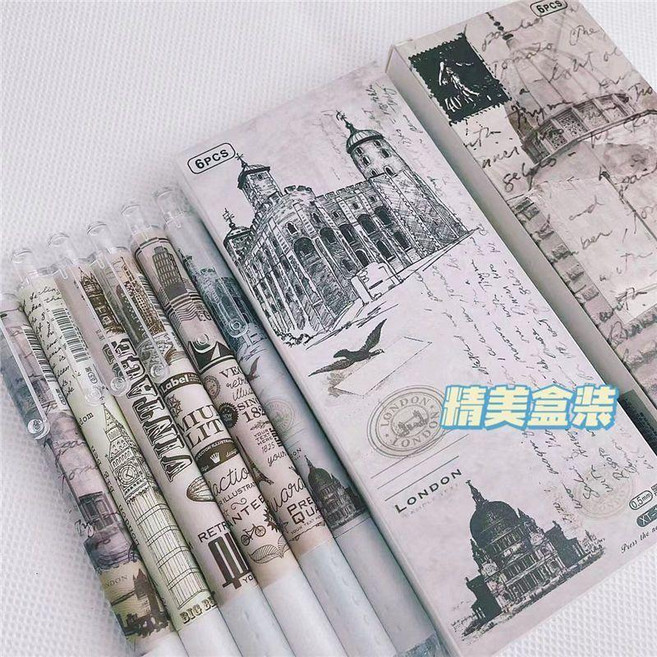 高顏值復古英倫風按動中性筆 ST 半針管速幹黑色學生用 05 刷題筆, 1個, 英倫風一盒裝 每盒6支 ,+20支原裝ST頭筆芯
