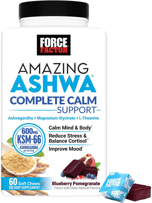 Force Factor Amazing Ashwagandha Complete Calm 600mg 藍莓石榴風味軟咀嚼錠, 1個, 60錠