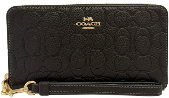 COACH 壓印Signature C 緹花手掛式拉鍊長夾(黑色)