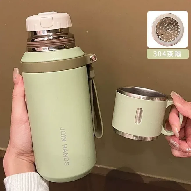 JOIN HANDS 316不鏽鋼保溫杯 600ML 附杯, 綠色600ML 帶濾網帶小蓋 3D貼紙, 1個