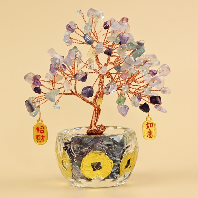 招財水晶樹|開運水晶 淨化磁場 桌上小物 聚寶盆水晶樹, 七彩萤石树【增財增運】