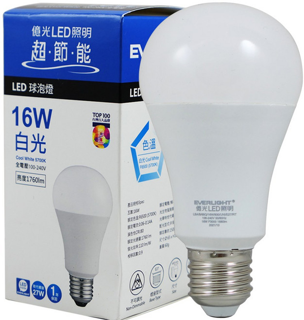 億光LED球泡燈 16W 全電壓 節能燈泡, 白色, 1個