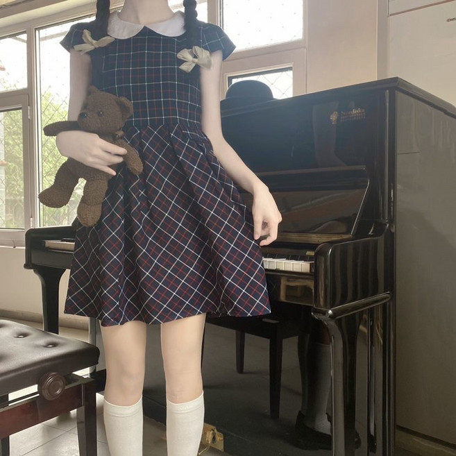 日系jk短袖娃娃領格紋連衣裙 甜美少女風, 連衣裙,XL