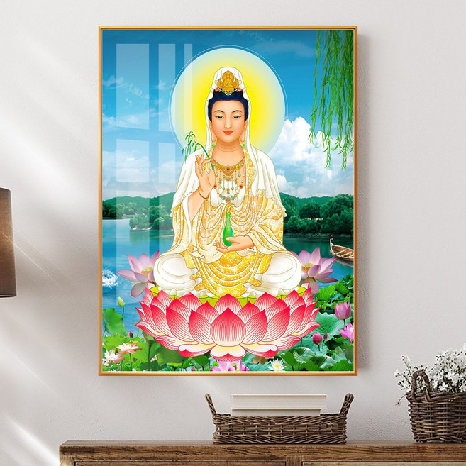 新中式觀音菩薩掛畫 坐蓮觀音佛像壁畫, 1件, 30x40