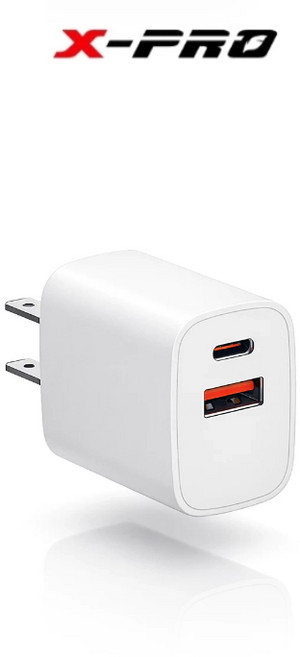 X-PRO 20W 雙孔 PD 快充頭 USB Type-C QC3.0 充電器, 白色, 1個