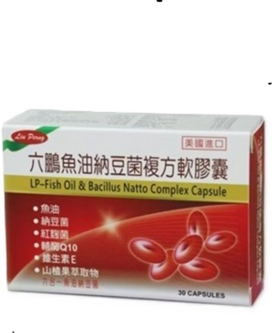 Liu Peng 劉鵬 六 魚油納豆菌複方軟膠囊 魚油 納豆菌 紅麴菌 Q10 維生素E, 30g, 30顆