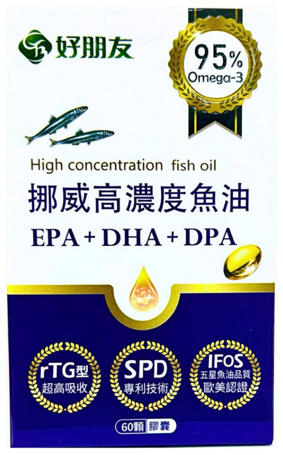 好朋友 挪威高濃度魚油 EPA+DHA+DPA 95% Omega-3 60顆/盒, 1個