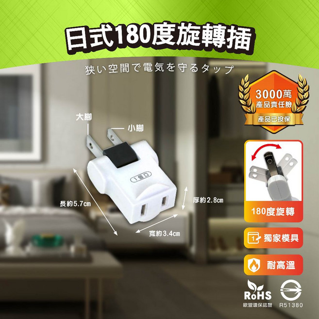 日式創新壁插分接器 2芯180度旋轉插頭 防火PC材質 BSMI字號R51380, 1個, 日式180度旋轉插, 白色, 5.7cm
