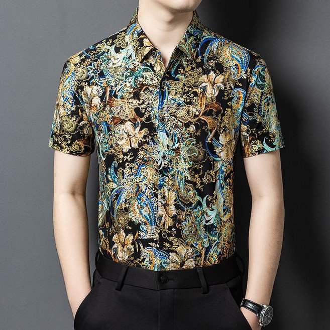 男士短袖燙金花襯衫 雅痞型男, 1個, 道奇藍 燙金藍繁花8-73185/100A 165-180斤