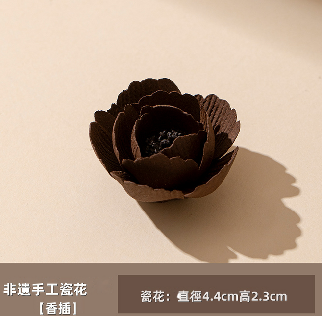 GUEFOON 非遺手捏陶瓷花瓣線香插香薰家居擺件香托高級插香底座薰香爐, 咖色瓷花